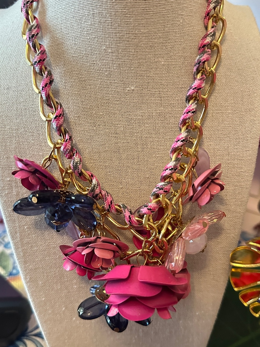 Gold Chain Pink Floral Statement Necklace - Women Jewelry